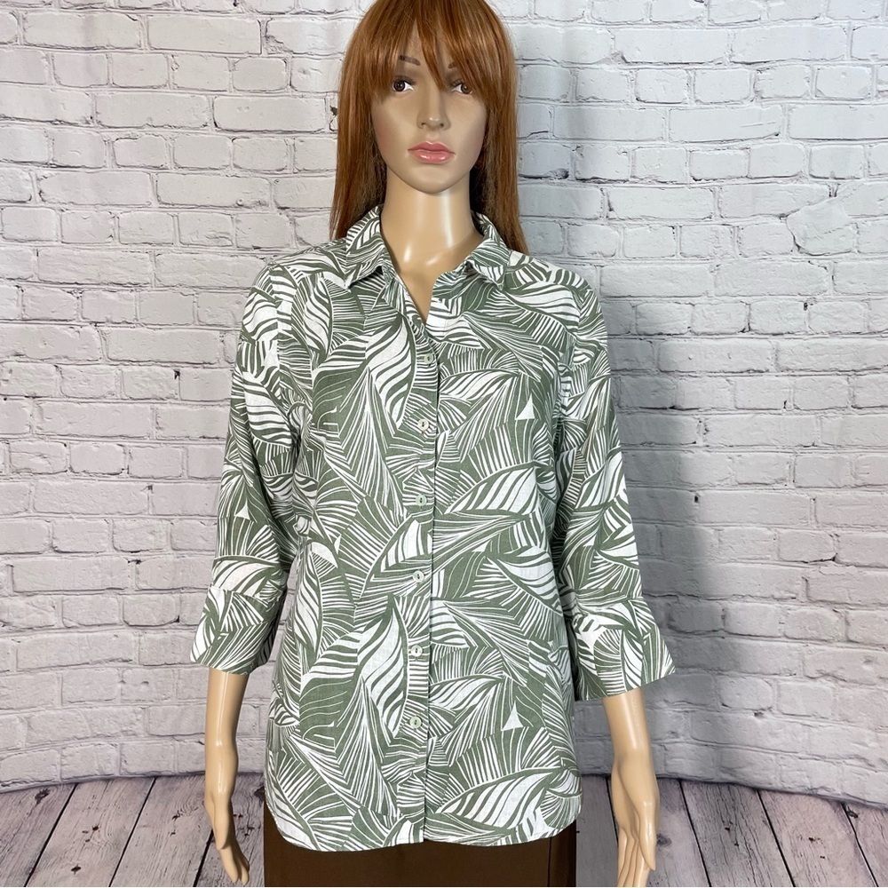Chico's Linen Fresh Leaves No Iron Shirt Size 0 US S - Picture 2 of 11